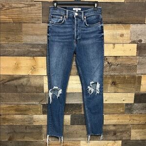Redone High Rise Ankle Crop Distressed Blue Women's Jeans, Color: Dusk Destroy